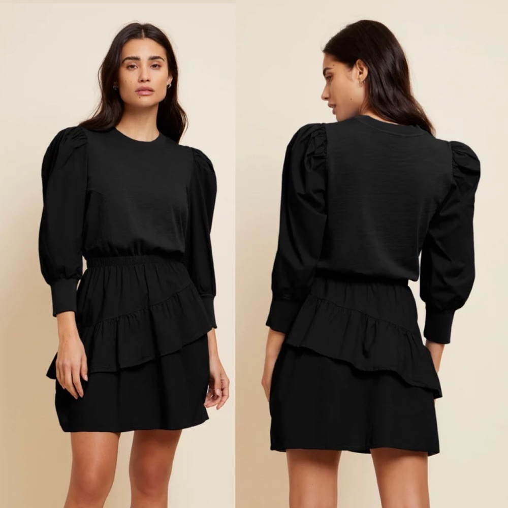 Nation LTD Tenley Dress tiered mini dress puff sleeve in black size large